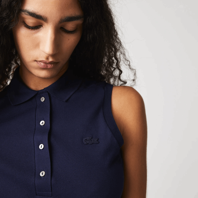 Women Lacoste V0ZN2498 Navy Blue 166 Slim Fit Sleeveless Cotton Pique Polo Shirt - Image 4