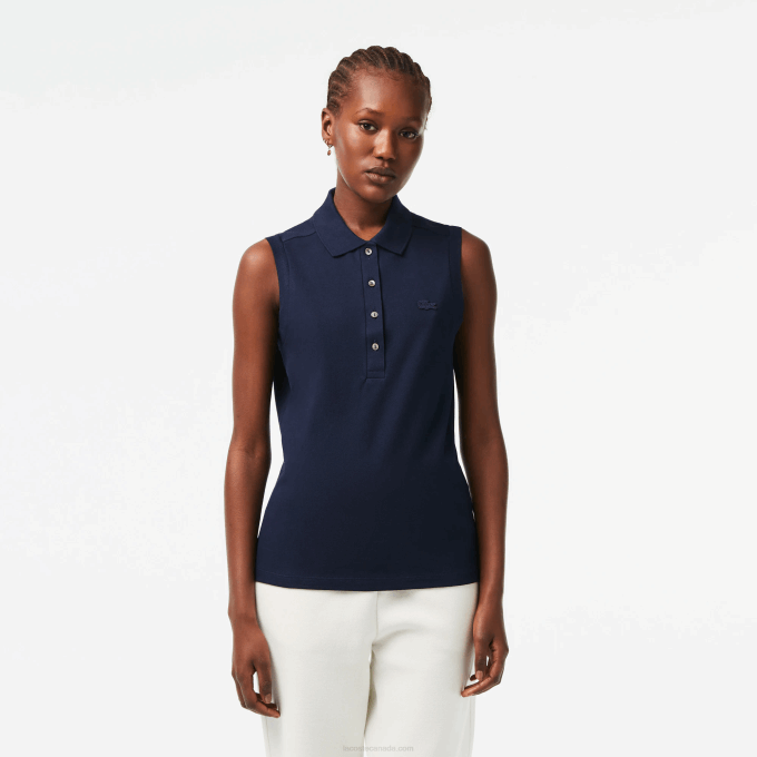 Women Lacoste V0ZN2498 Navy Blue 166 Slim Fit Sleeveless Cotton Pique Polo Shirt - Image 1
