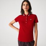 Women Lacoste V0ZN2506 Red White Navy Blue VLP Made In France Slim Fit Organic Cotton Pique Polo