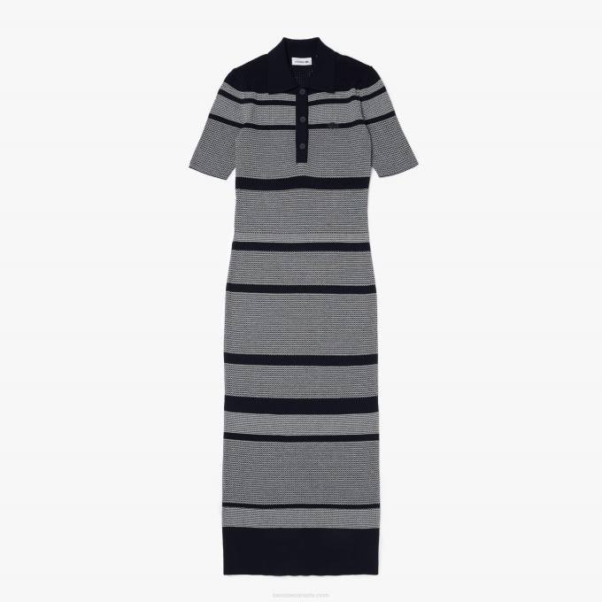 Women Lacoste V0ZN2509 Black/White HHW Striped Cotton Knit Blend Mid-Length Polo Dress - Image 1