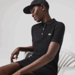 Women Lacoste V0ZN2510 Black 031 Trumpet Sleeve Pique Polo Dress