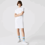 Women Lacoste V0ZN2511 White 001 Trumpet Sleeve Pique Polo Dress