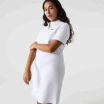 Women Lacoste V0ZN2511 White 001 Trumpet Sleeve Pique Polo Dress - Image 5
