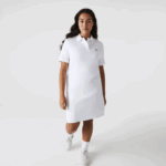 Women Lacoste V0ZN2511 White 001 Trumpet Sleeve Pique Polo Dress - Image 6