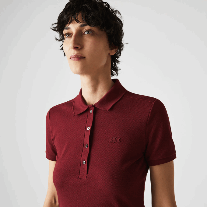 Women Lacoste V0ZN2513 Bordeaux Z7F Stretch Cotton Pique Polo Dress - Image 2