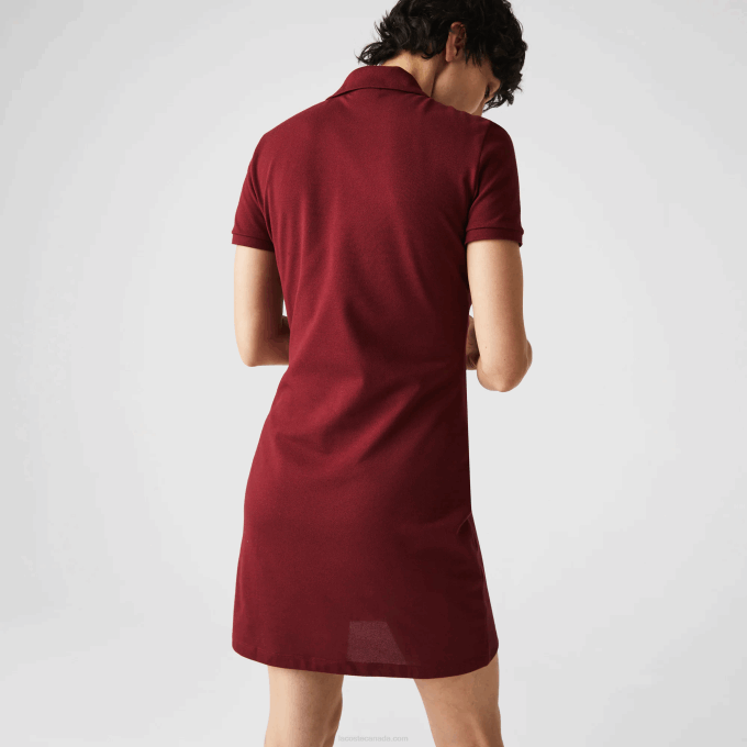 Women Lacoste V0ZN2513 Bordeaux Z7F Stretch Cotton Pique Polo Dress - Image 3
