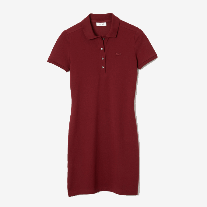 Women Lacoste V0ZN2513 Bordeaux Z7F Stretch Cotton Pique Polo Dress - Image 4