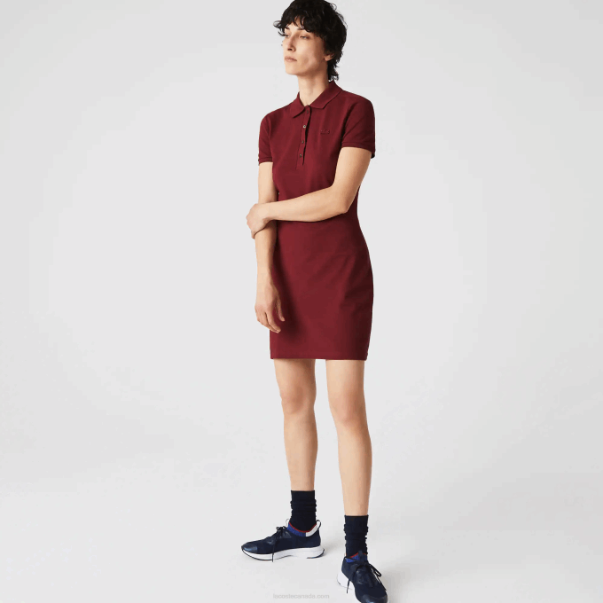 Women Lacoste V0ZN2513 Bordeaux Z7F Stretch Cotton Pique Polo Dress - Image 1