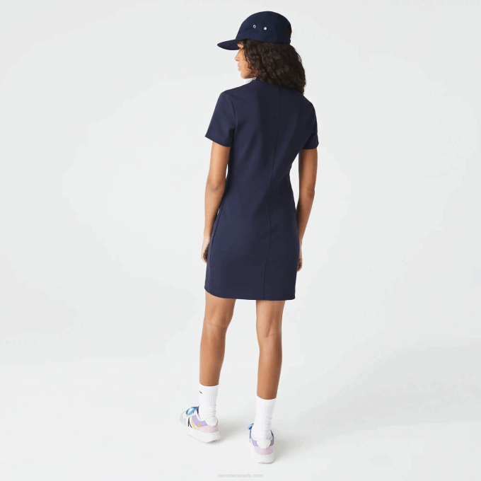 Women Lacoste V0ZN2517 Navy Blue 166 Branded Cotton Jersey Polo Dress - Image 4
