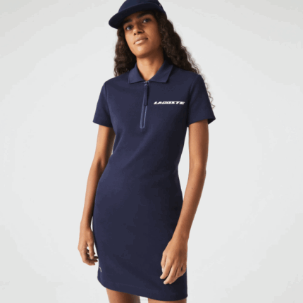 Women Lacoste V0ZN2517 Navy Blue 166 Branded Cotton Jersey Polo Dress
