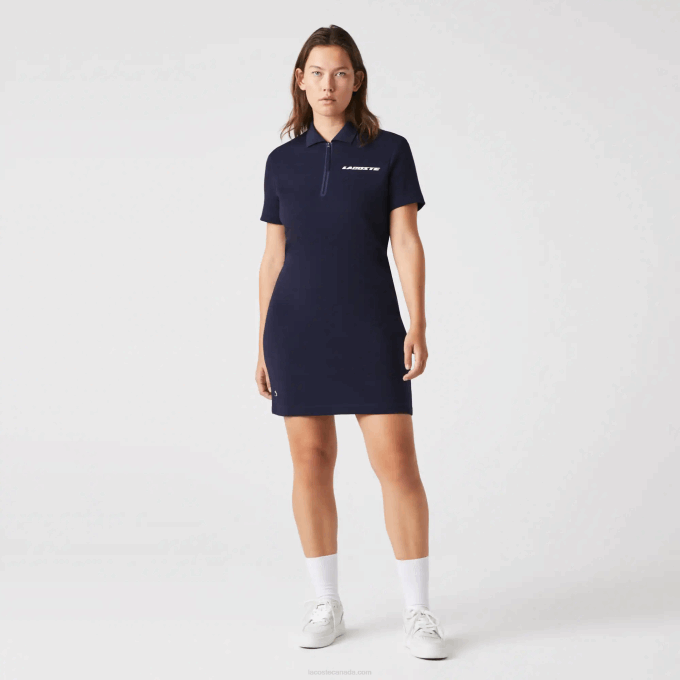 Women Lacoste V0ZN2517 Navy Blue 166 Branded Cotton Jersey Polo Dress - Image 8