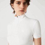 Women Lacoste V0ZN2524 White 70V High Zip Neck Slim Fit Ribbed Polo