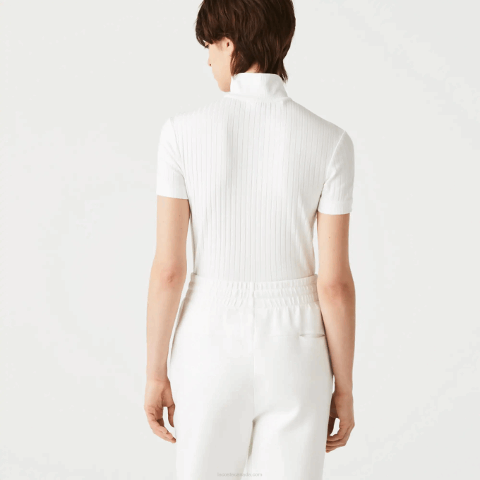 Women Lacoste V0ZN2524 White 70V High Zip Neck Slim Fit Ribbed Polo - Image 3