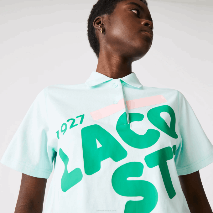 Women Lacoste V0ZN2526 Turquoise NRE Loose Fit Short Print Organic Cotton Polo - Image 4