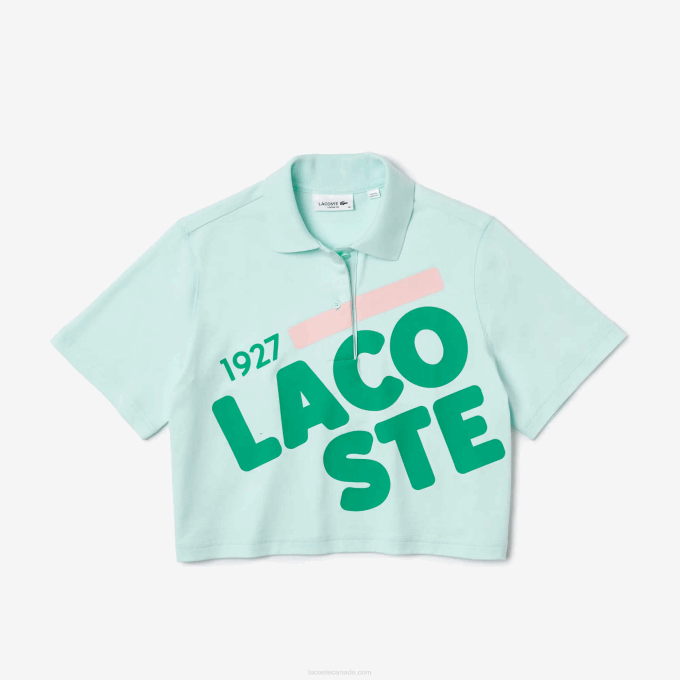 Women Lacoste V0ZN2526 Turquoise NRE Loose Fit Short Print Organic Cotton Polo - Image 5