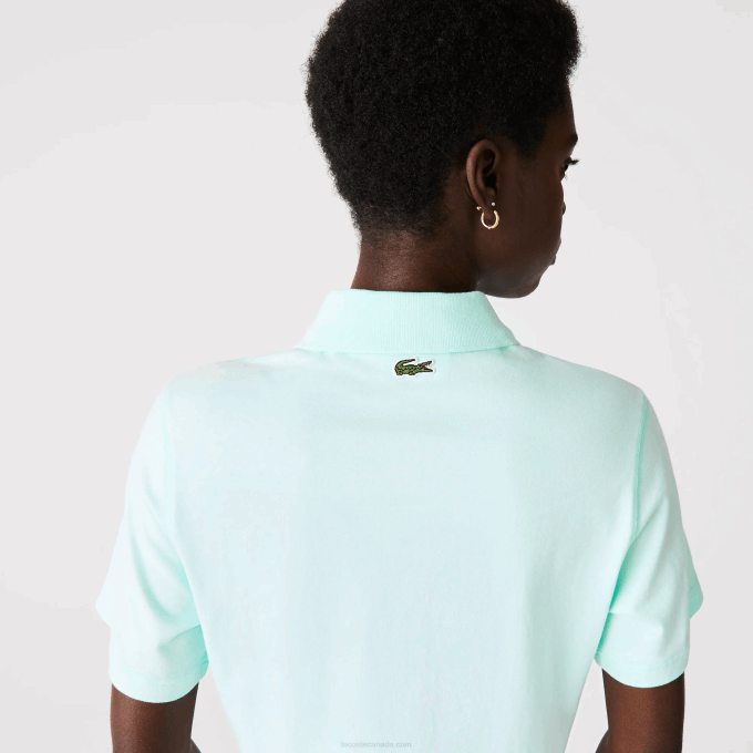 Women Lacoste V0ZN2526 Turquoise NRE Loose Fit Short Print Organic Cotton Polo - Image 6