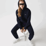 Women Lacoste V0ZN2527 Navy Blue 166 Loose Fit Hooded Cotton Blend Sweatshirt - Image 2