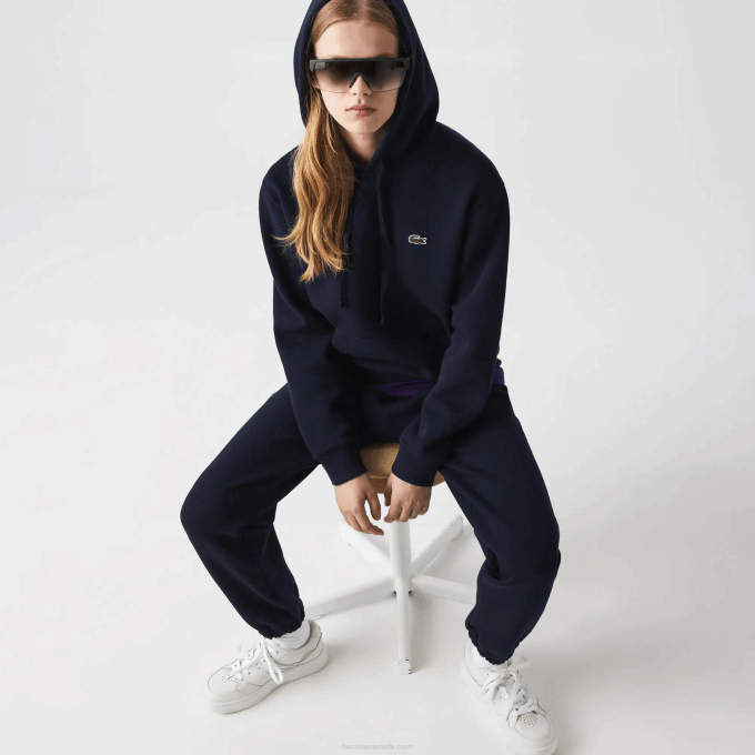Women Lacoste V0ZN2527 Navy Blue 166 Loose Fit Hooded Cotton Blend Sweatshirt - Image 2