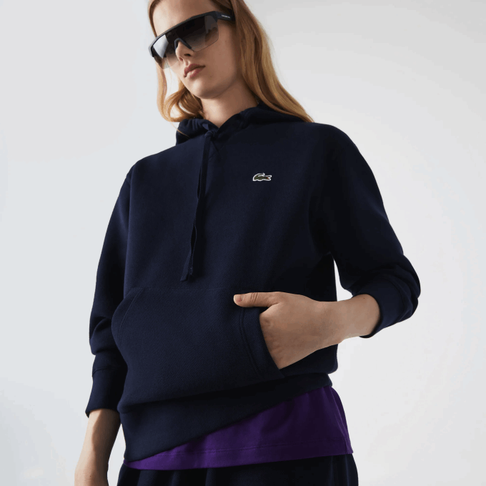 Women Lacoste V0ZN2527 Navy Blue 166 Loose Fit Hooded Cotton Blend Sweatshirt - Image 6