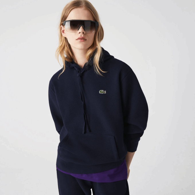 Women Lacoste V0ZN2527 Navy Blue 166 Loose Fit Hooded Cotton Blend Sweatshirt - Image 1