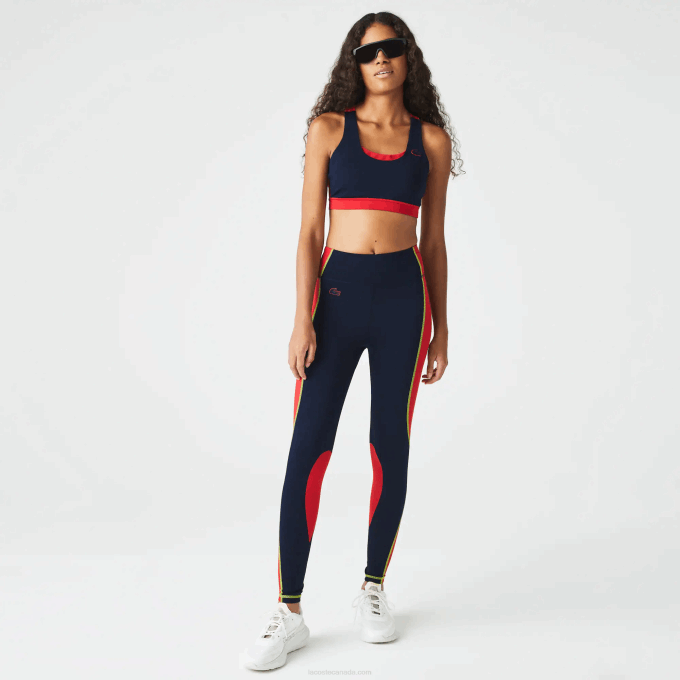 Women Lacoste V0ZN2532 Navy Blue Red 4XH SPORT Color-Block Knit Effect Leggings - Image 2