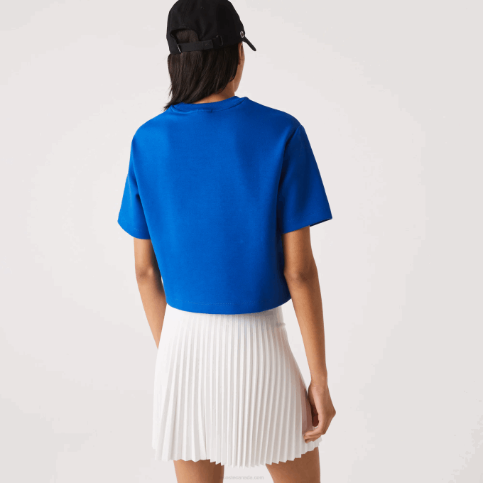 Women Lacoste V0ZN2546 Blue K1Q Loose Fit Printed Bands T-Shirt - Image 3