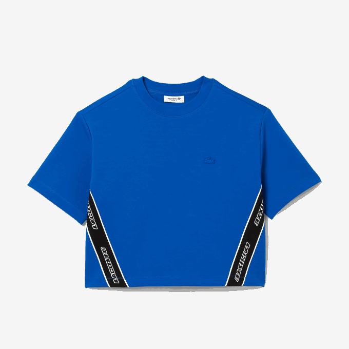 Women Lacoste V0ZN2546 Blue K1Q Loose Fit Printed Bands T-Shirt - Image 4