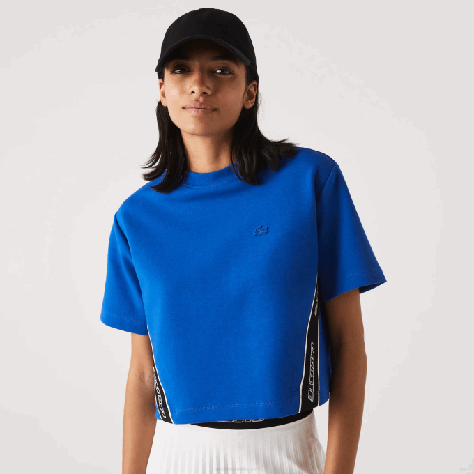 Women Lacoste V0ZN2546 Blue K1Q Loose Fit Printed Bands T-Shirt - Image 1