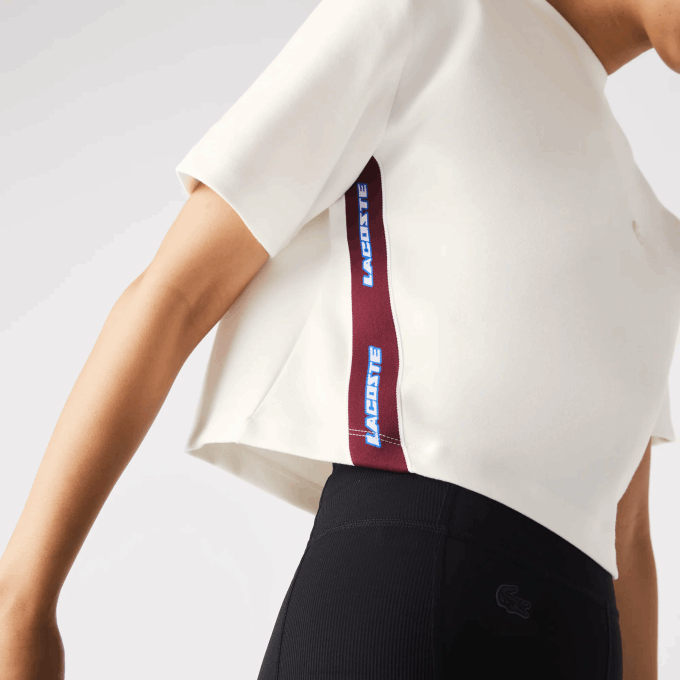 Women Lacoste V0ZN2547 White 70V Loose Fit Printed Bands T-Shirt - Image 6
