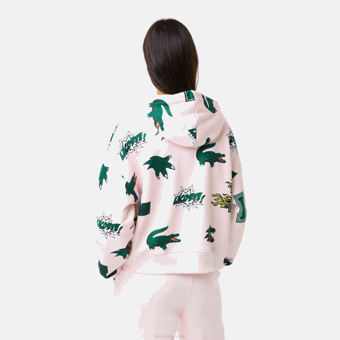 Women Lacoste V0ZN2556 Light Pink T03 Oversized Hooded Fleece Sweatshirt - Image 3