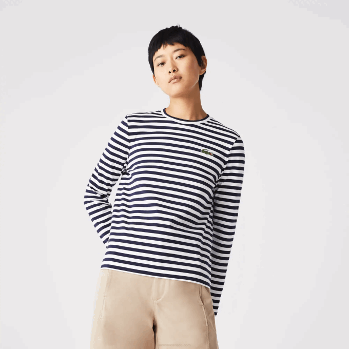 Women Lacoste V0ZN2559 Black/White HHW Striped Jersey Cotton T-Shirt - Image 2
