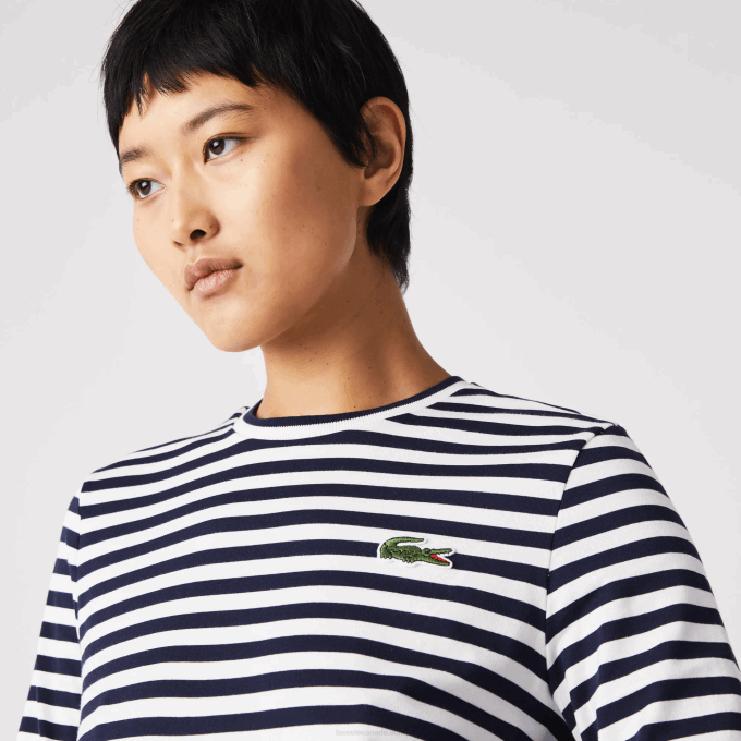 Women Lacoste V0ZN2559 Black/White HHW Striped Jersey Cotton T-Shirt - Image 6