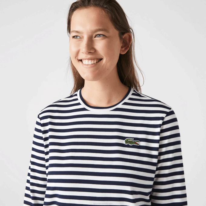 Women Lacoste V0ZN2559 Black/White HHW Striped Jersey Cotton T-Shirt - Image 8