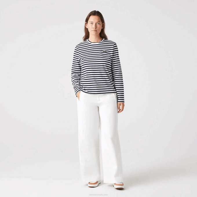 Women Lacoste V0ZN2559 Black/White HHW Striped Jersey Cotton T-Shirt - Image 9