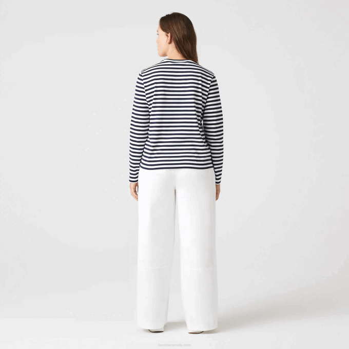 Women Lacoste V0ZN2559 Black/White HHW Striped Jersey Cotton T-Shirt - Image 10