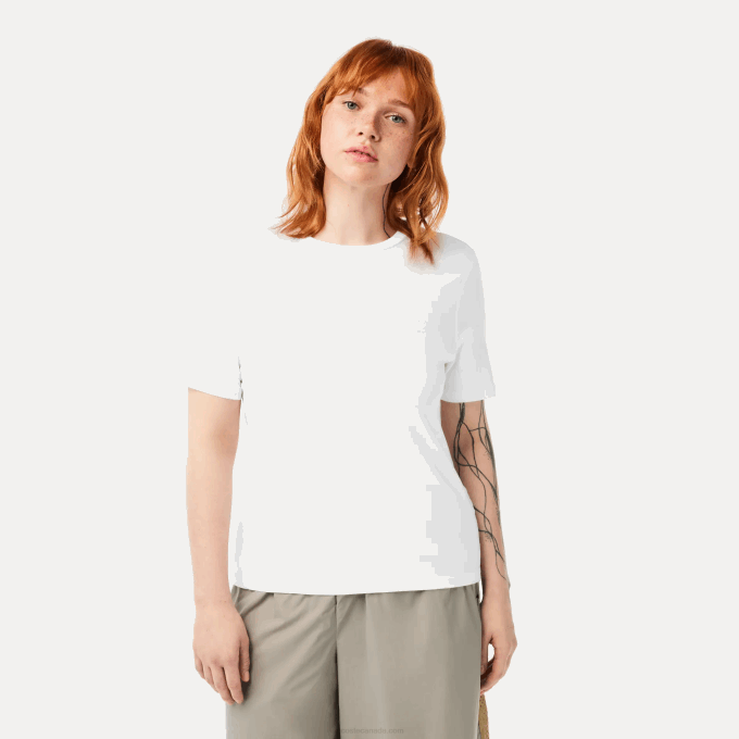 Women Lacoste V0ZN2563 White 001 Crew Neck Cotton Blend T-Shirt - Image 7