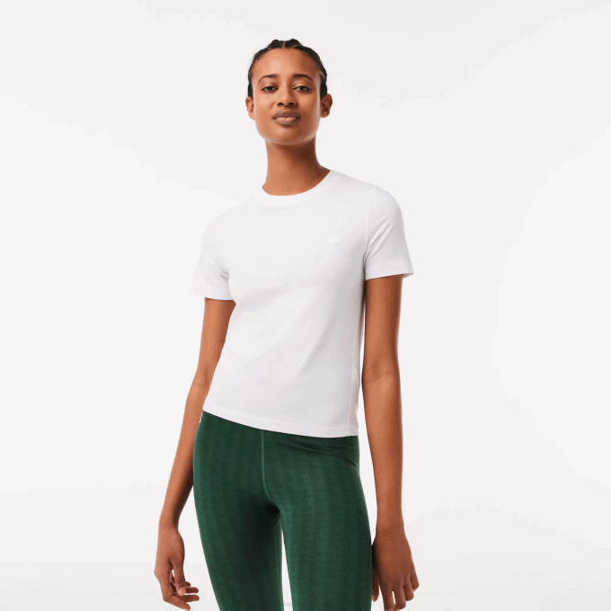 Women Lacoste V0ZN2563 White 001 Crew Neck Cotton Blend T-Shirt - Image 1
