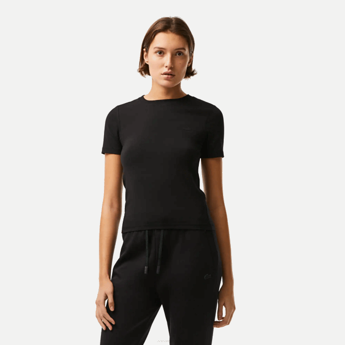 Women Lacoste V0ZN2566 Black 031 Crew Neck Cotton Blend T-Shirt - Image 1