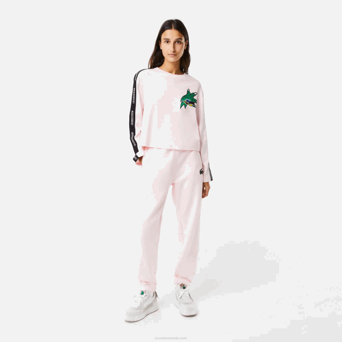 Women Lacoste V0ZN2570 Light Pink T03 Loose Fit Printed Band T-Shirt - Image 2