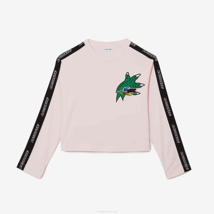 Women Lacoste V0ZN2570 Light Pink T03 Loose Fit Printed Band T-Shirt - Image 4