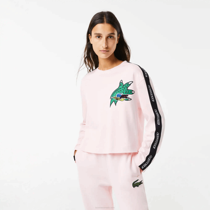 Women Lacoste V0ZN2570 Light Pink T03 Loose Fit Printed Band T-Shirt - Image 1