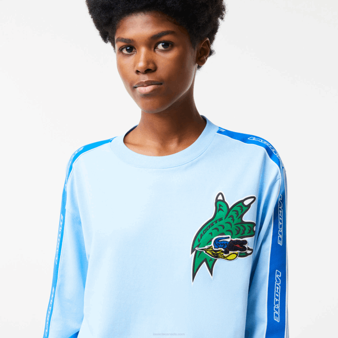 Women Lacoste V0ZN2571 Blue HBP Loose Fit Printed Band T-Shirt - Image 5