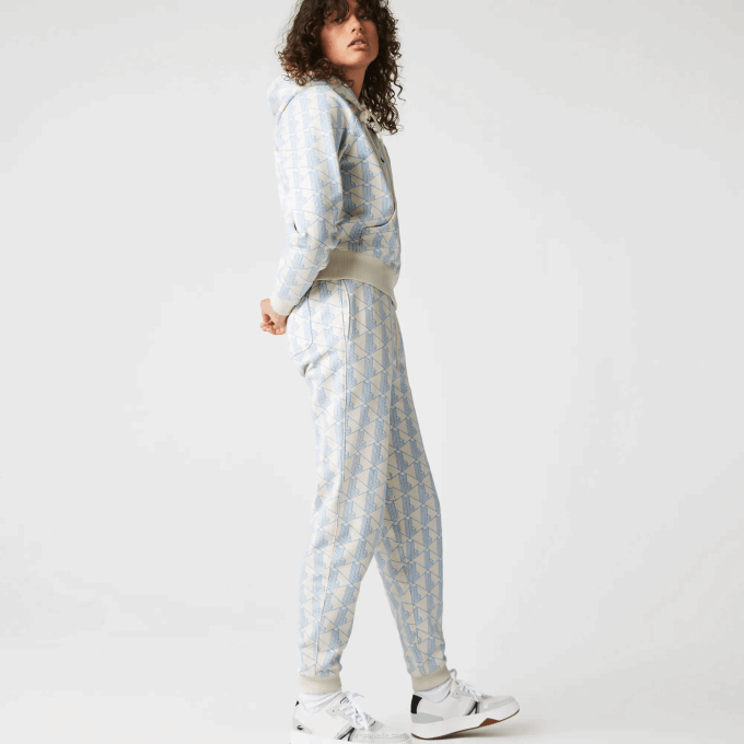 Women Lacoste V0ZN2574 White Blue DPQ LIVE Monogram Design Fleece Tracksuit Pants - Image 2