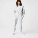 Women Lacoste V0ZN2574 White Blue DPQ LIVE Monogram Design Fleece Tracksuit Pants