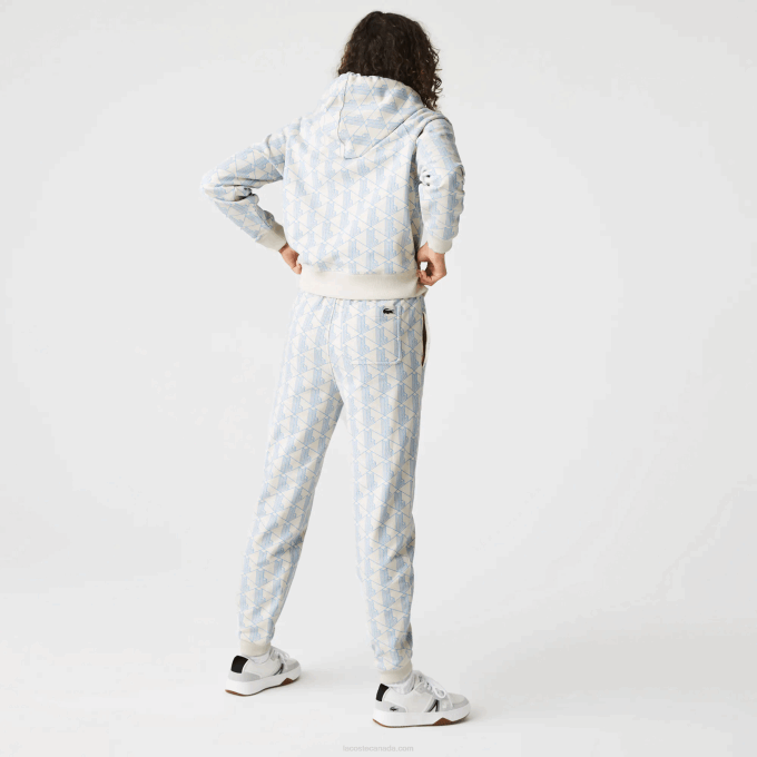 Women Lacoste V0ZN2574 White Blue DPQ LIVE Monogram Design Fleece Tracksuit Pants - Image 3