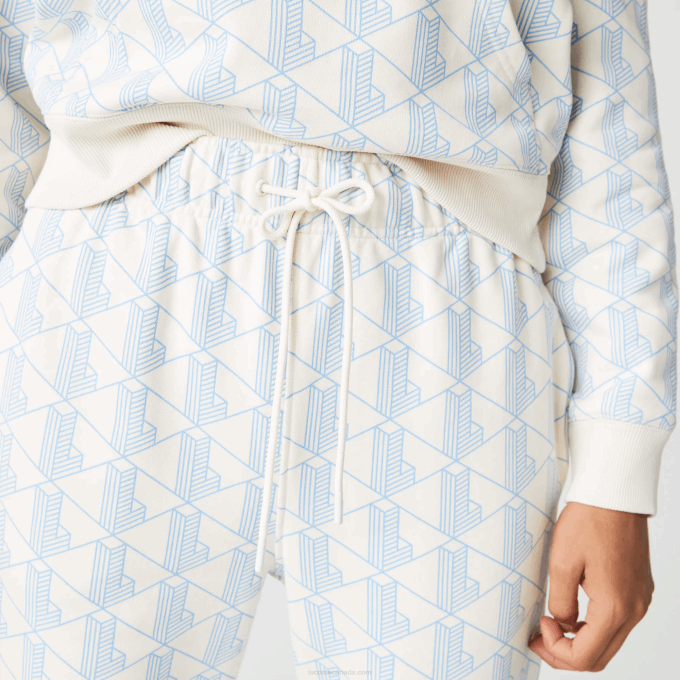 Women Lacoste V0ZN2574 White Blue DPQ LIVE Monogram Design Fleece Tracksuit Pants - Image 4