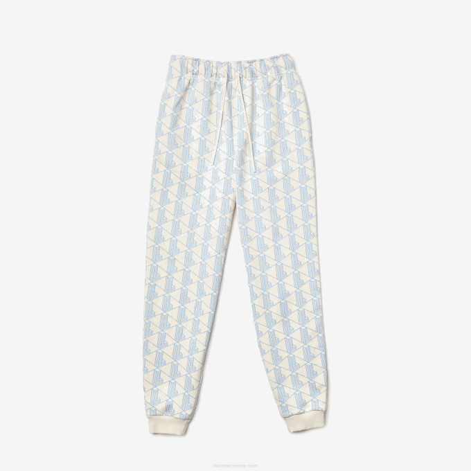 Women Lacoste V0ZN2574 White Blue DPQ LIVE Monogram Design Fleece Tracksuit Pants - Image 5