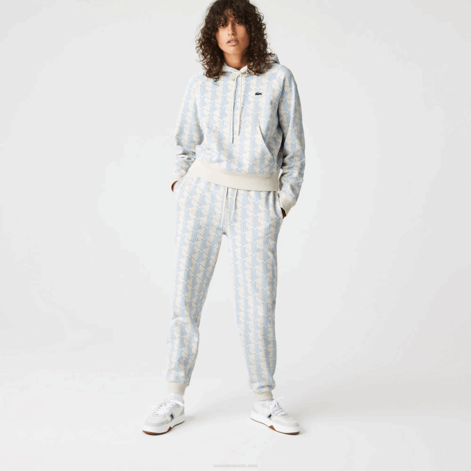 Women Lacoste V0ZN2574 White Blue DPQ LIVE Monogram Design Fleece Tracksuit Pants - Image 1