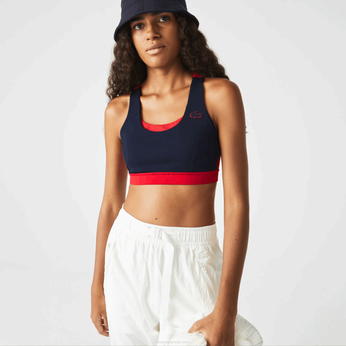 Women Lacoste V0ZN2575 Navy Blue Red Green 2Q6 SPORT Color-Block Recycled Polyester Sports Bra - Image 2
