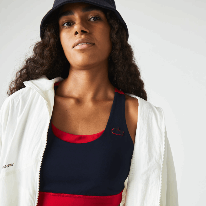 Women Lacoste V0ZN2575 Navy Blue Red Green 2Q6 SPORT Color-Block Recycled Polyester Sports Bra - Image 1